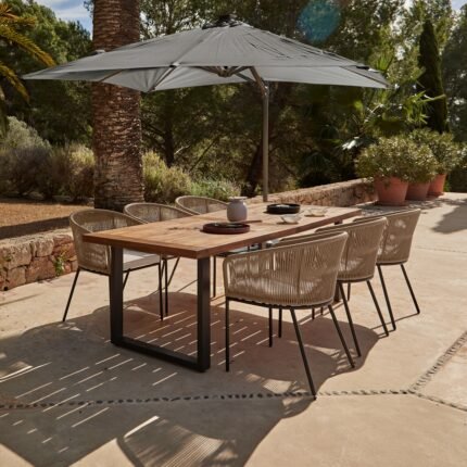 Hali 6 Seater Wooden Outdoor Dining Set with Hali Natural Chairs & Grey LED Premium Cantilever Parasol - 235cm