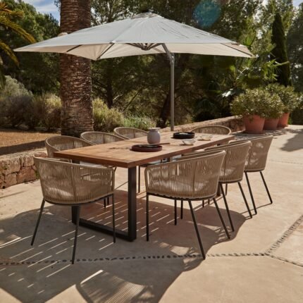 Hali 8 Seater Wooden Outdoor Dining Set with Hali Natural Chairs & Cream LED Premium Cantilever Parasol- 235cm