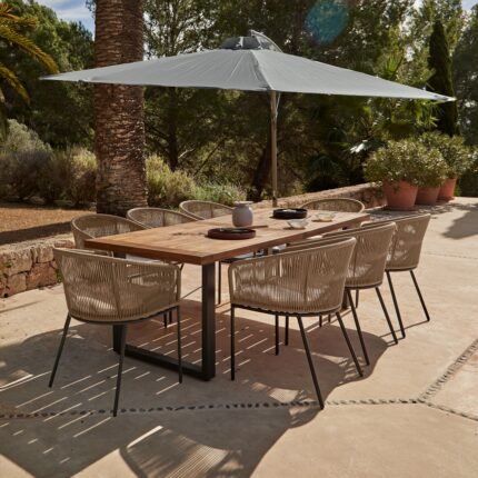 Hali 8 Seater Wooden Outdoor Dining Set with Hali Natural Chairs & Grey Lean Over Parasol - 235cm