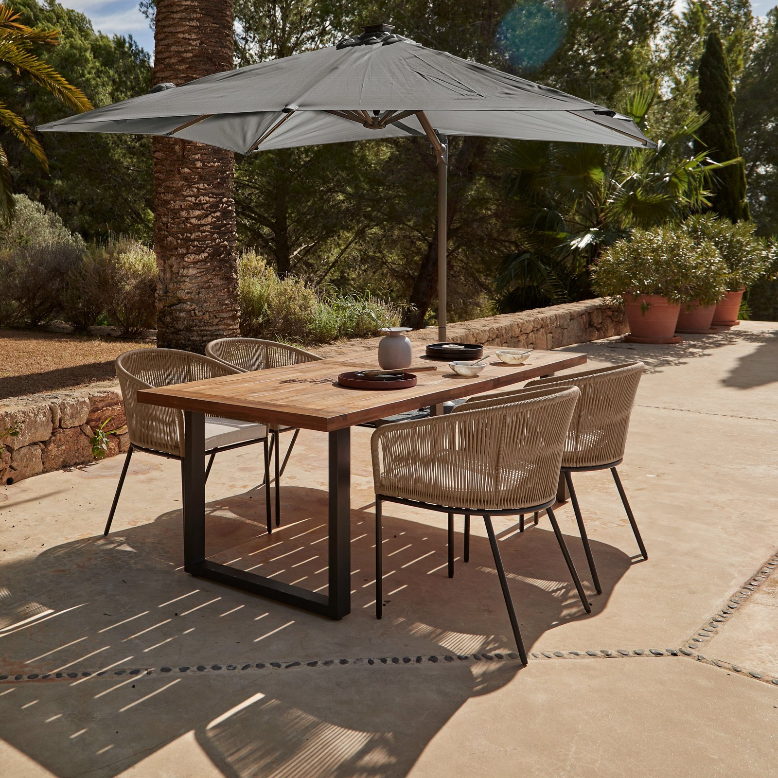 HALI_PINK_SET_1naturalwithgreyledparasol Hali 4 Seater Wooden Outdoor Dining Set with Hali Natural Chairs & Grey LED Premium Cantilever Parasol - 175cm