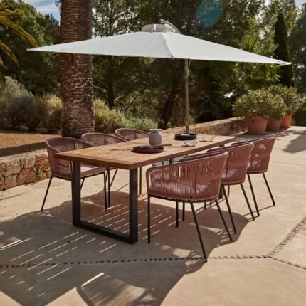 Hali 6 Seater Wooden Outdoor Dining Set with Hali Pink Chairs & Cream Lean Over Parasol - 235cm