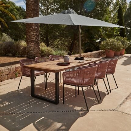 Hali 6 Seater Wooden Outdoor Dining Set with Hali Pink Chairs & Grey Lean Over Parasol - 235cm