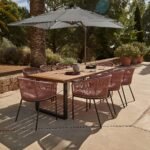 Hali 8 Seater Wooden Outdoor Dining Set with Hali Pink Chairs & Grey LED Premium Cantilever Parasol - 235cm