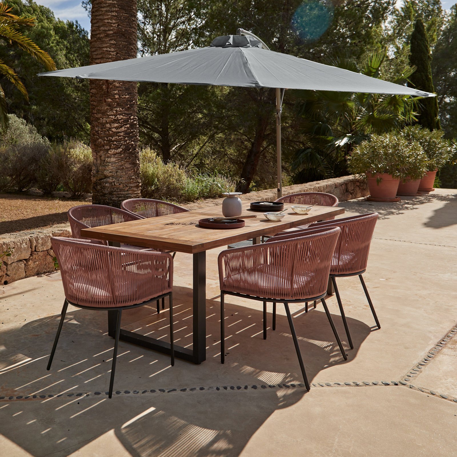 HALI_PINK_SET_1pinkgreystandardparasol6seater_ba2baf76-740a-426e-b4ae-ce52ccdd146c Hali 6 Seater Wooden Outdoor Dining Set with Hali Pink Chairs & Grey Lean Over Parasol - 175cm