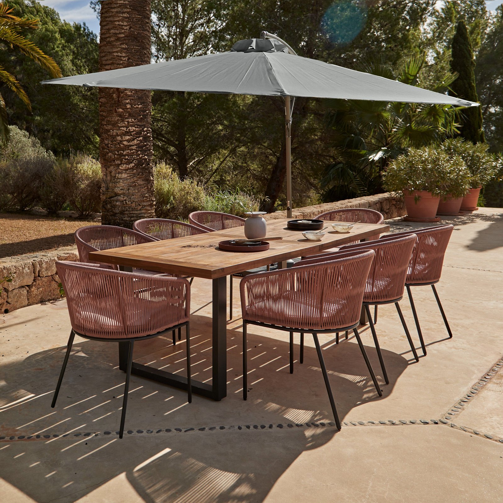 HALI_PINK_SET_1pinkgreystandardparasol_3051235d-f9d8-4610-9577-81fb2f0921f1 Hali 8 Seater Wooden Outdoor Dining Set with Hali Pink Chairs & Grey Lean Over Parasol - 235cm