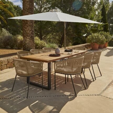 Hali 8 Seater Wooden Outdoor Dining Set with Hali Natural Chairs & Cream Lean Over Parasol - 235cm