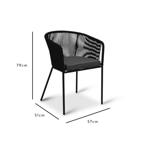 Amelia 4 Seater Wooden Garden Dining Set with 4 Hali Black Chairs - Light Brushed Acacia with Black Legs 2 Hali Rope Chair Black