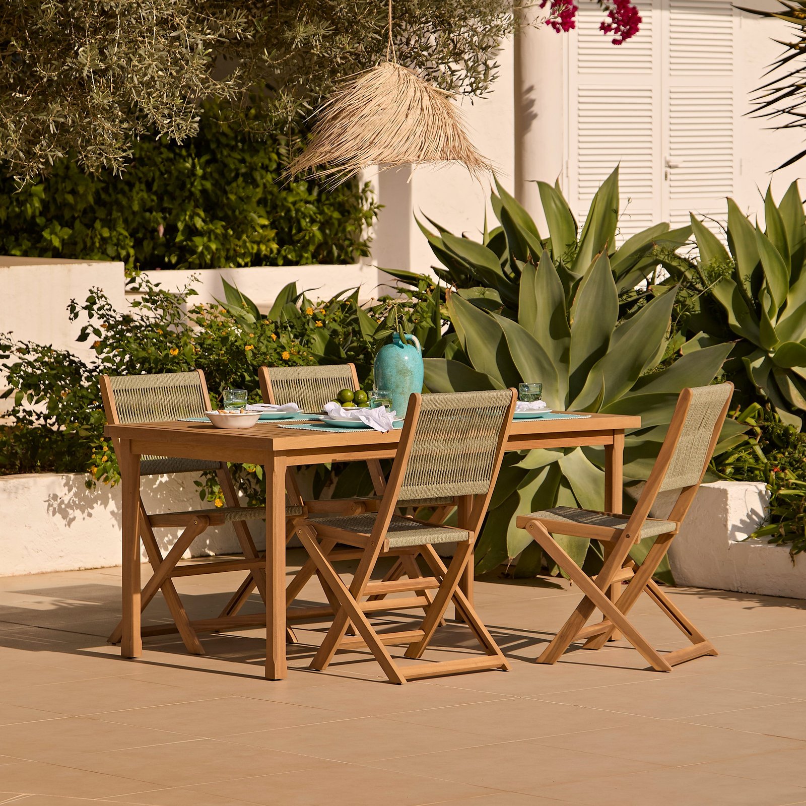 Harlyn 4 Seater Wooden Garden Dining Set with Cove Green Rope Chairs - 160cm - Image 1
