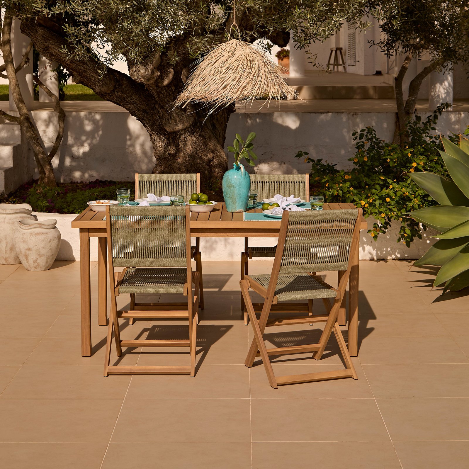Harlyn 4 Seater Wooden Garden Dining Set with Cove Green Rope Chairs - 160cm - Image 2