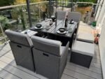 Cube 8 Seater Rattan Outdoor Dining Set with Cream Parasol - Black Weave Polywood Top - Image 4