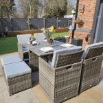 Cube 8 Seater Rattan Outdoor Dining Set Cream LED Premium Parasol  - Grey Weave Polywood Top - Image 4