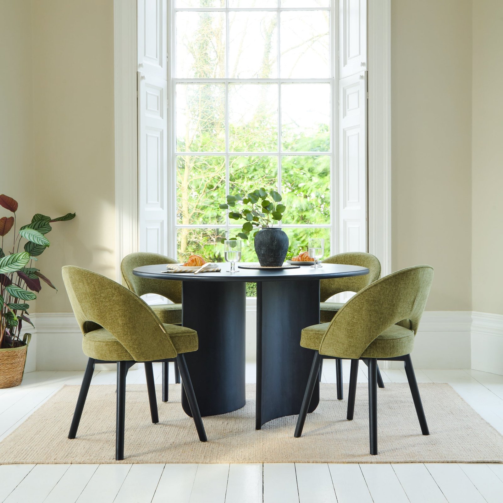 Imogen 120cm Jet Black Mango Wood Round Dining Table Set  - 4 Seater - Marilyn Moss Green Dining Chairs - Black Legs - Image 1