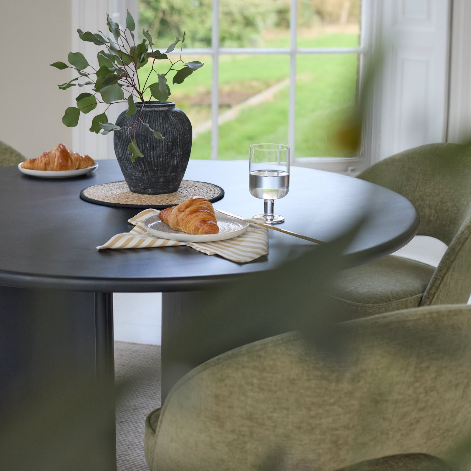 Imogen 120cm Jet Black Mango Wood Round Dining Table Set  - 4 Seater - Marilyn Moss Green Dining Chairs - Black Legs - Image 3