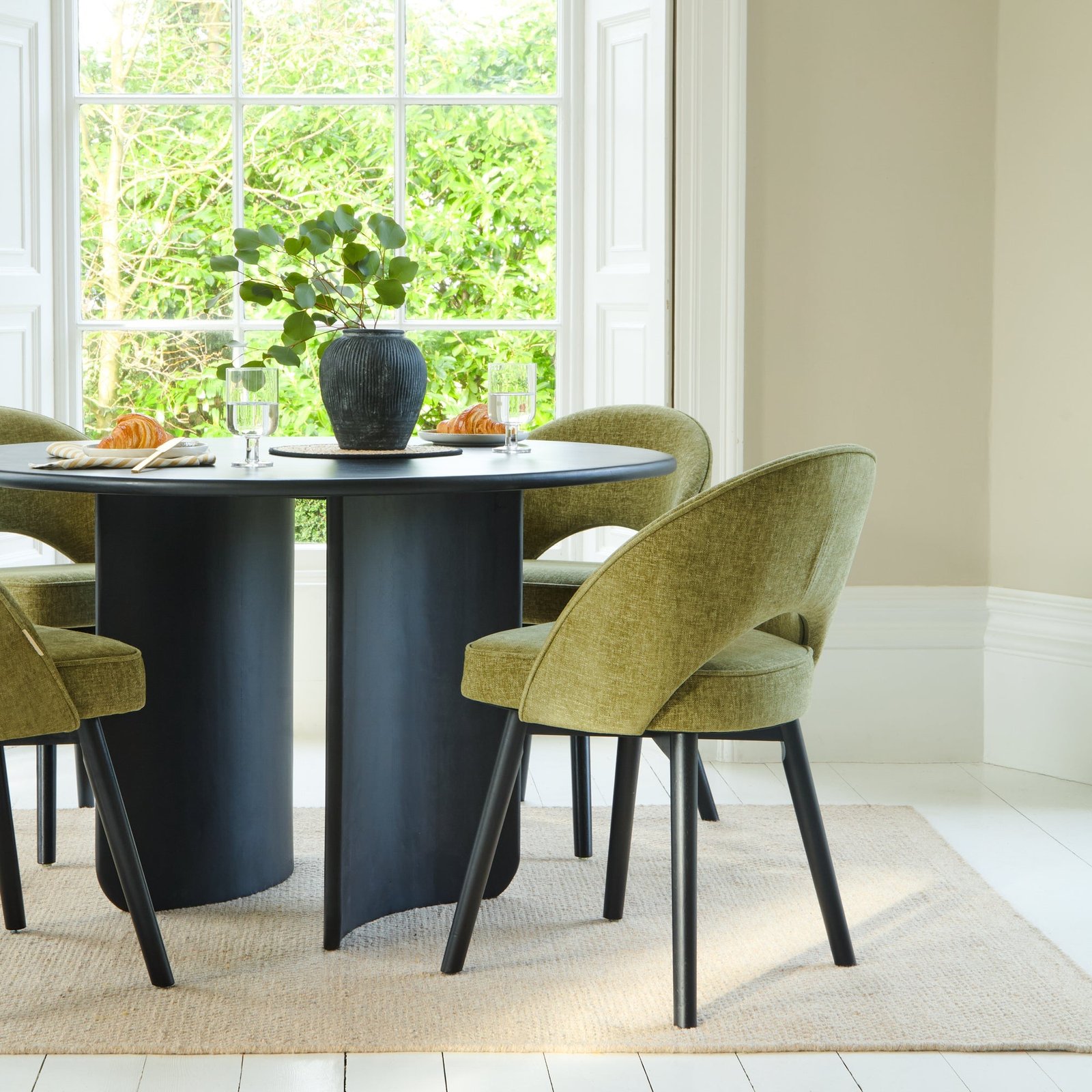Imogen 120cm Jet Black Mango Wood Round Dining Table Set  - 4 Seater - Marilyn Moss Green Dining Chairs - Black Legs - Image 2