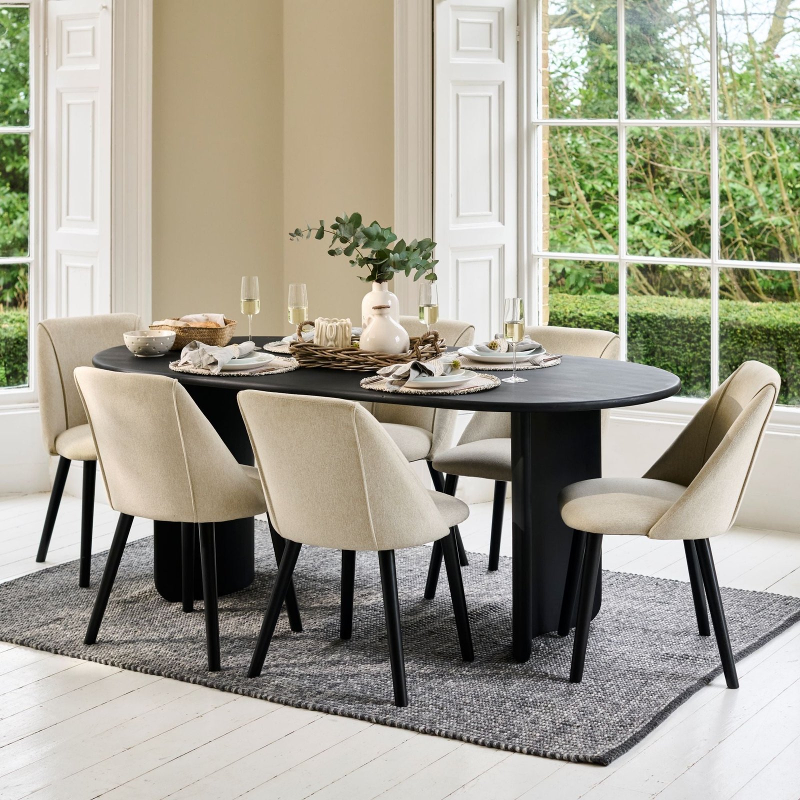 Imogen 190cm Jet Black Mango Wood  Wooden Rectangular Dining Table Set - 6 Seater - Freya Sand Dining Chairs - Black Legs - Image 1