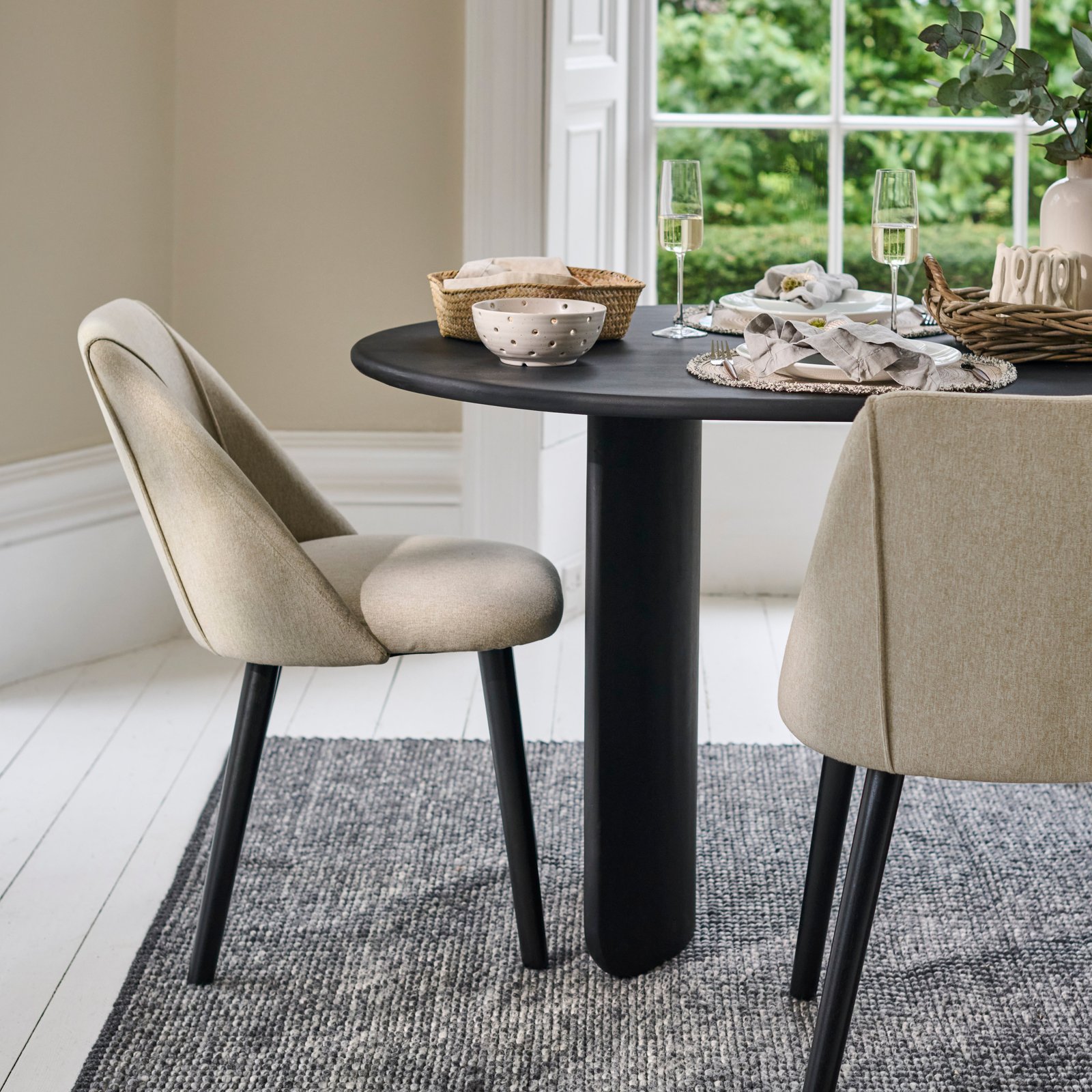 Imogen 190cm Jet Black Mango Wood  Wooden Rectangular Dining Table Set - 6 Seater - Freya Sand Dining Chairs - Black Legs - Image 5