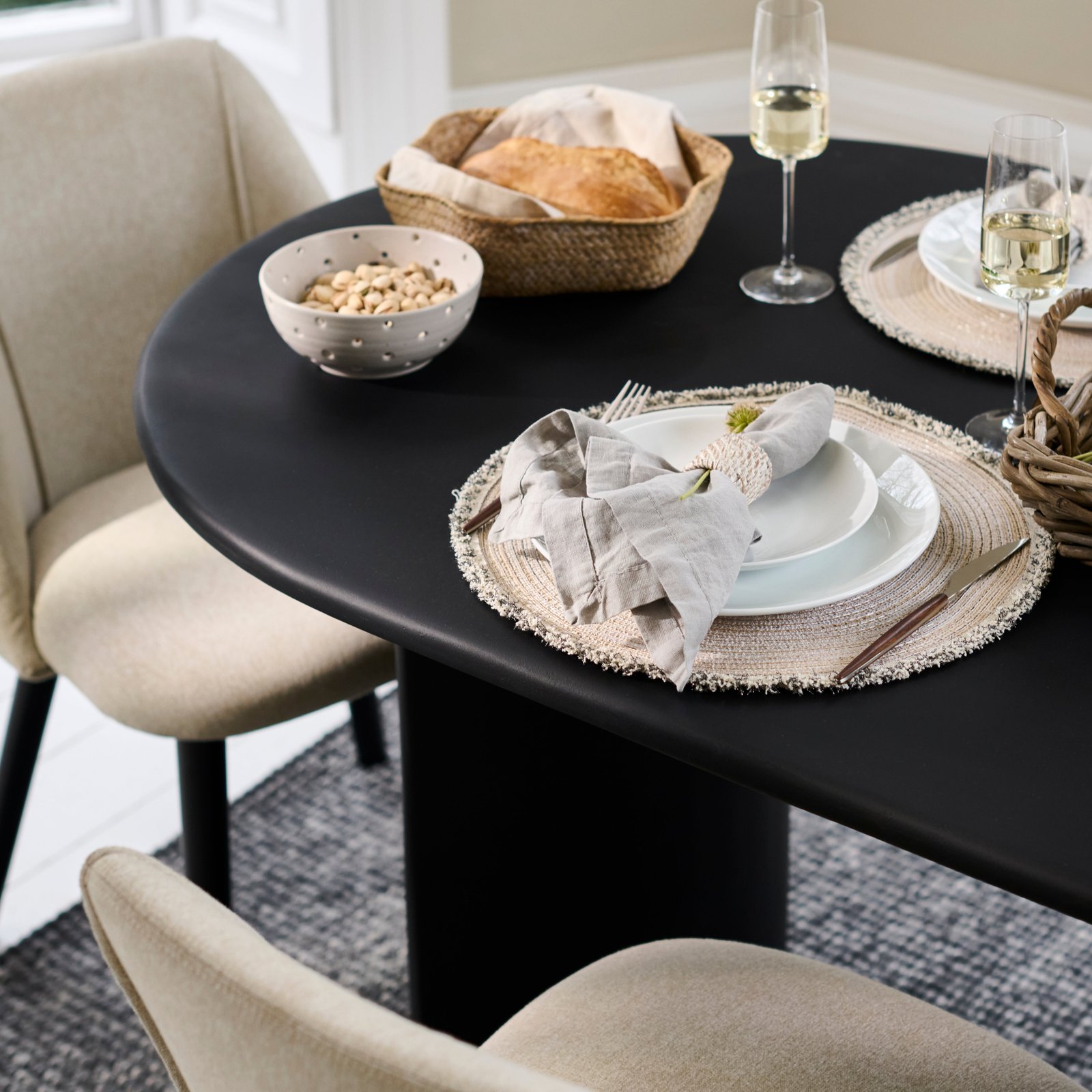 Imogen 190cm Jet Black Mango Wood  Wooden Rectangular Dining Table Set - 6 Seater - Freya Sand Dining Chairs - Black Legs - Image 4