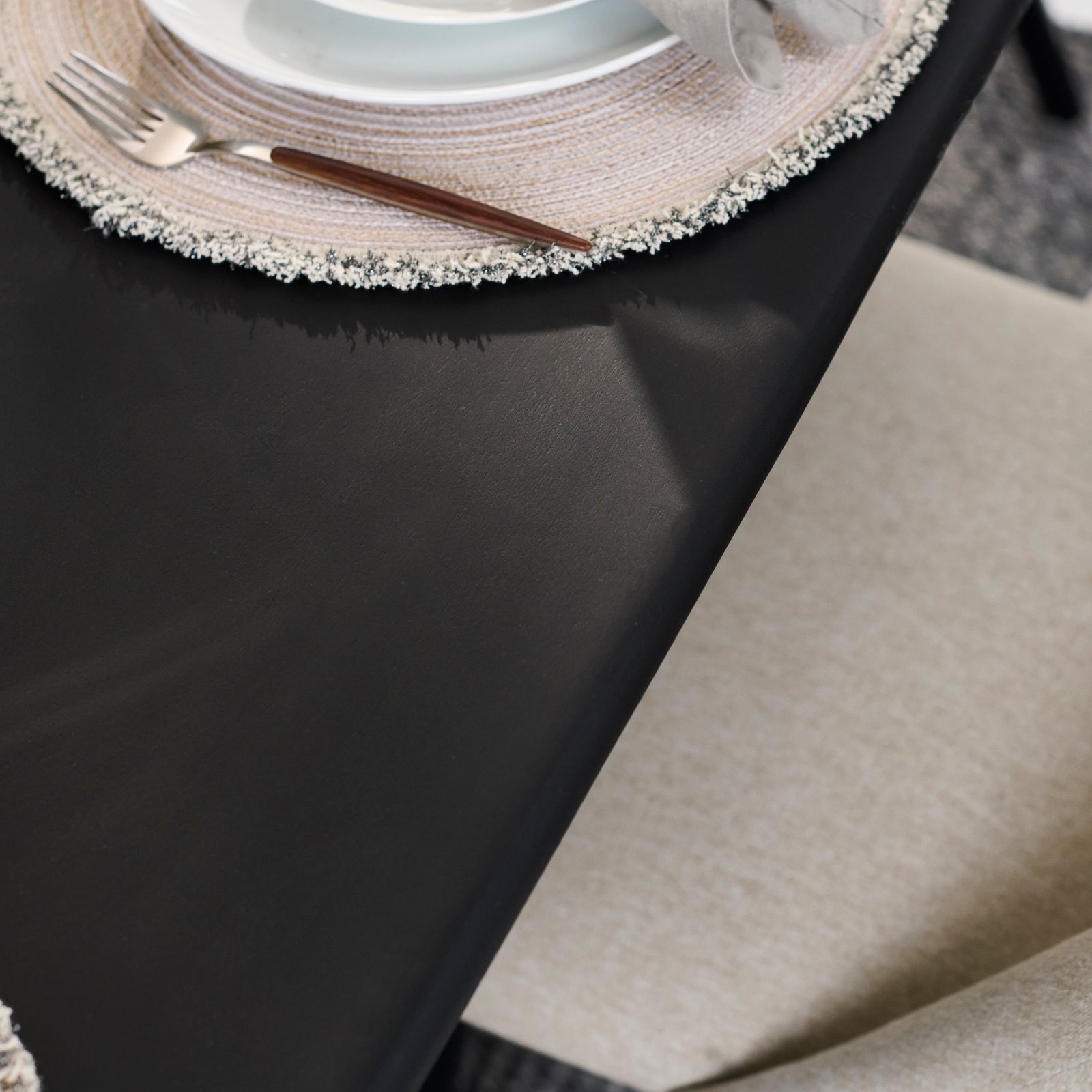 Imogen 190cm Jet Black Mango Wood  Wooden Rectangular Dining Table Set - 6 Seater - Freya Sand Dining Chairs - Black Legs - Image 9