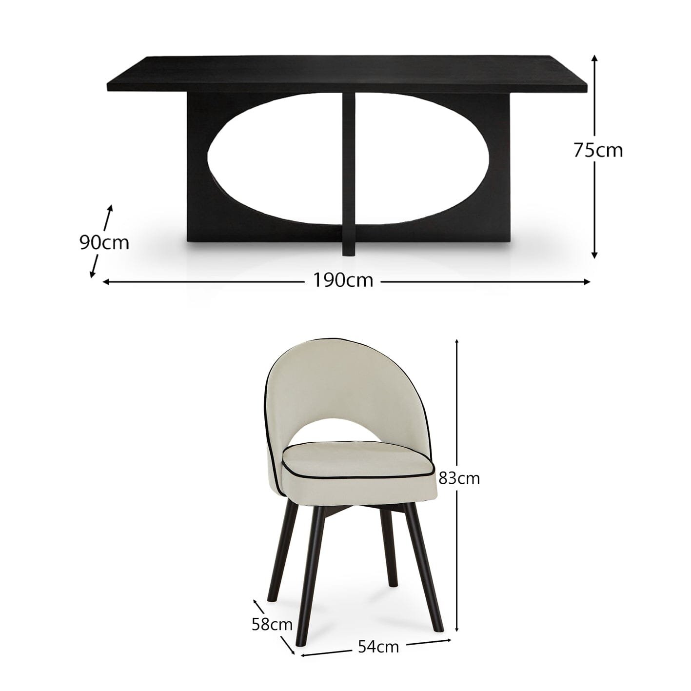 Jade Jet Black Rectangular Acacia Dining Table Set - 6 Seater - Marilyn Ivory with Black Piping Dining Chairs with Black Legs - Image 10