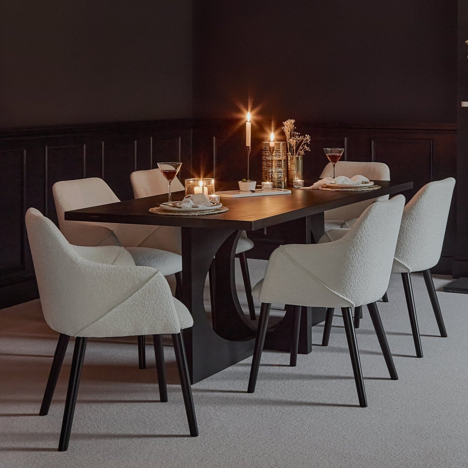 Jade_Rectangular_Dining_Table_with_6_Freya_Dining_Chairs_Ecru_Boucle_with_Black_Legs_B Jade Jet Black Rectangular Acacia Dining Table Set - 6 Seater - Freya Boucle Armchairs with Black Legs