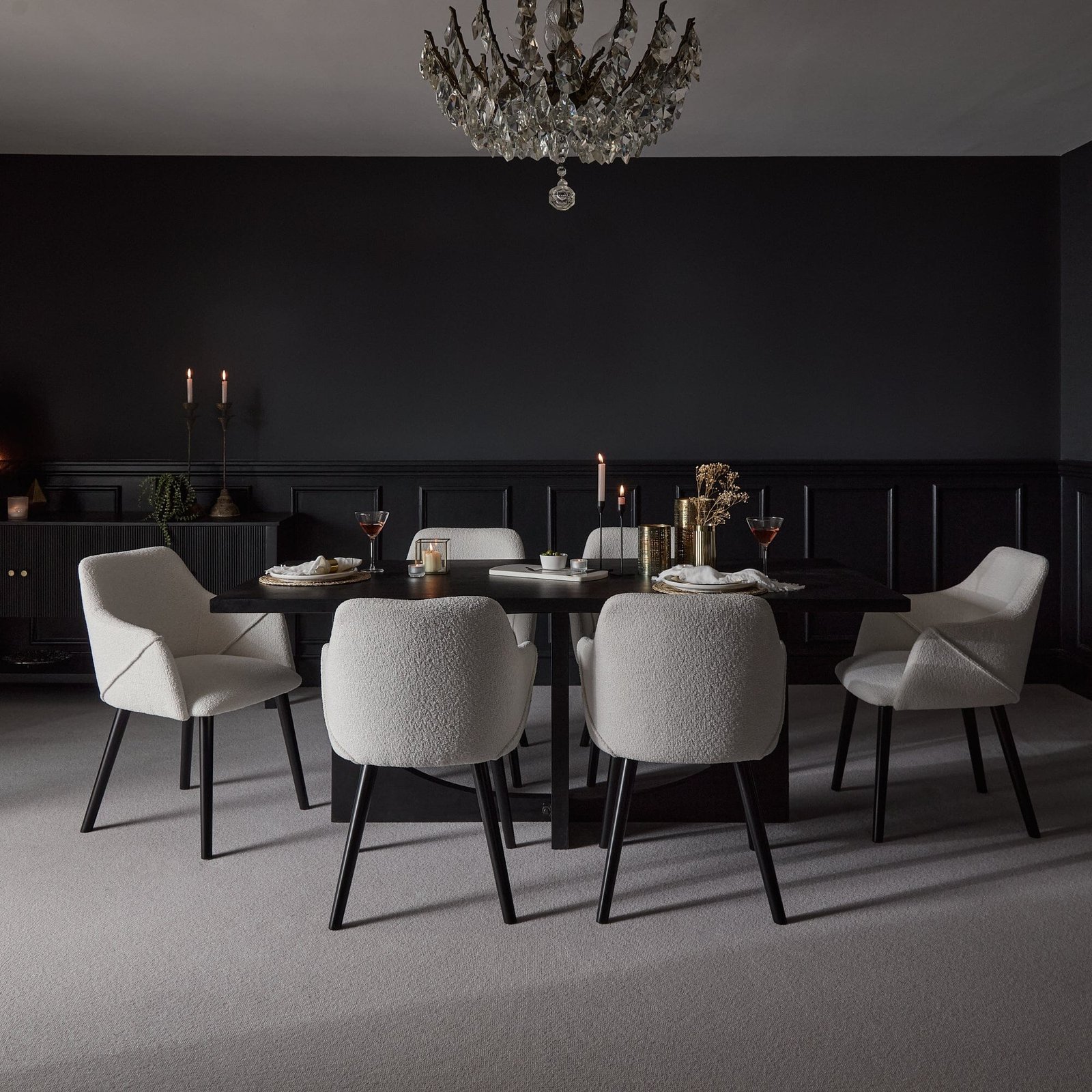Jade Jet Black Rectangular Acacia Dining Table Set - 6 Seater - Freya Boucle Armchairs with Black Legs - Image 2