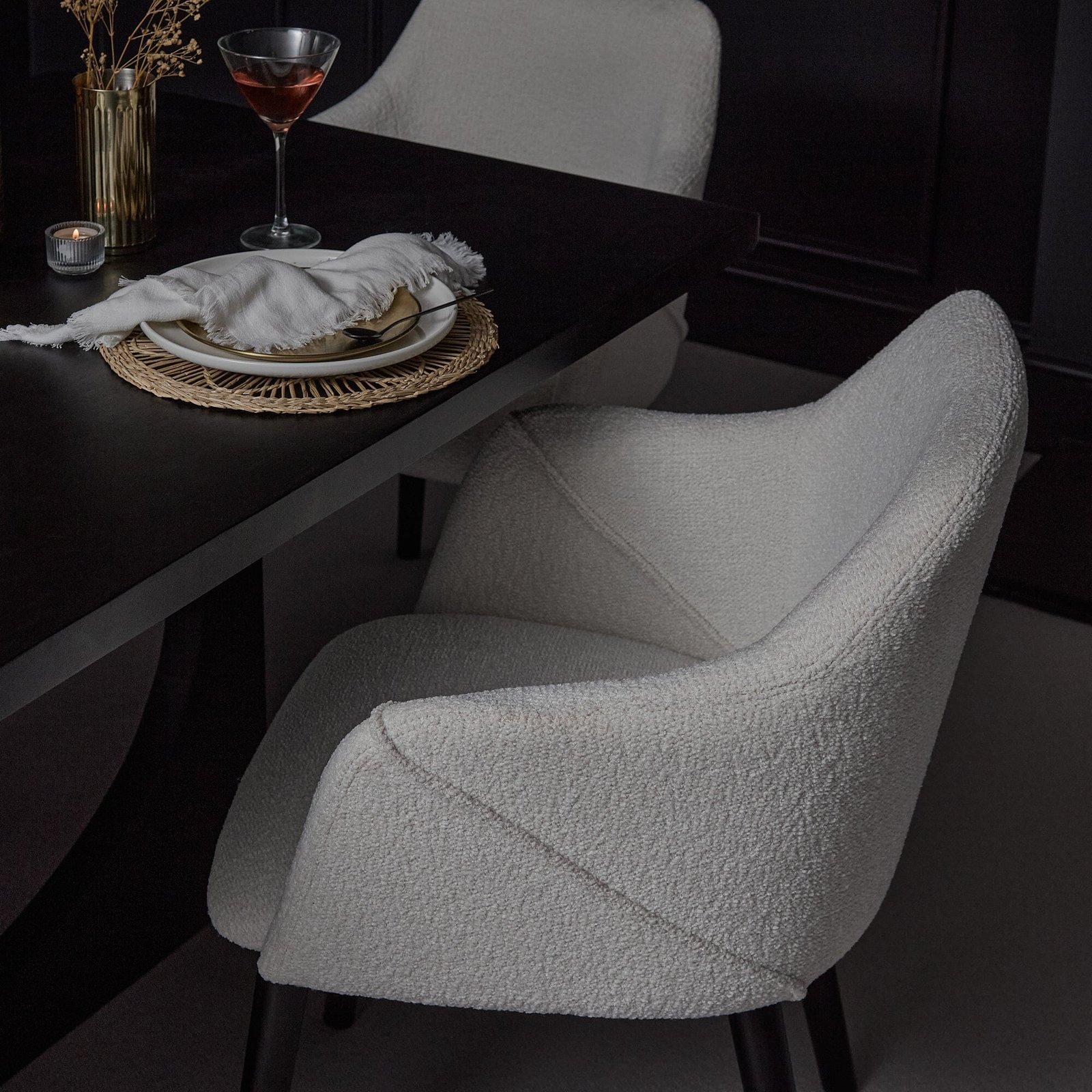 Jade Jet Black Rectangular Acacia Dining Table Set - 6 Seater - Freya Boucle Armchairs with Black Legs - Image 4