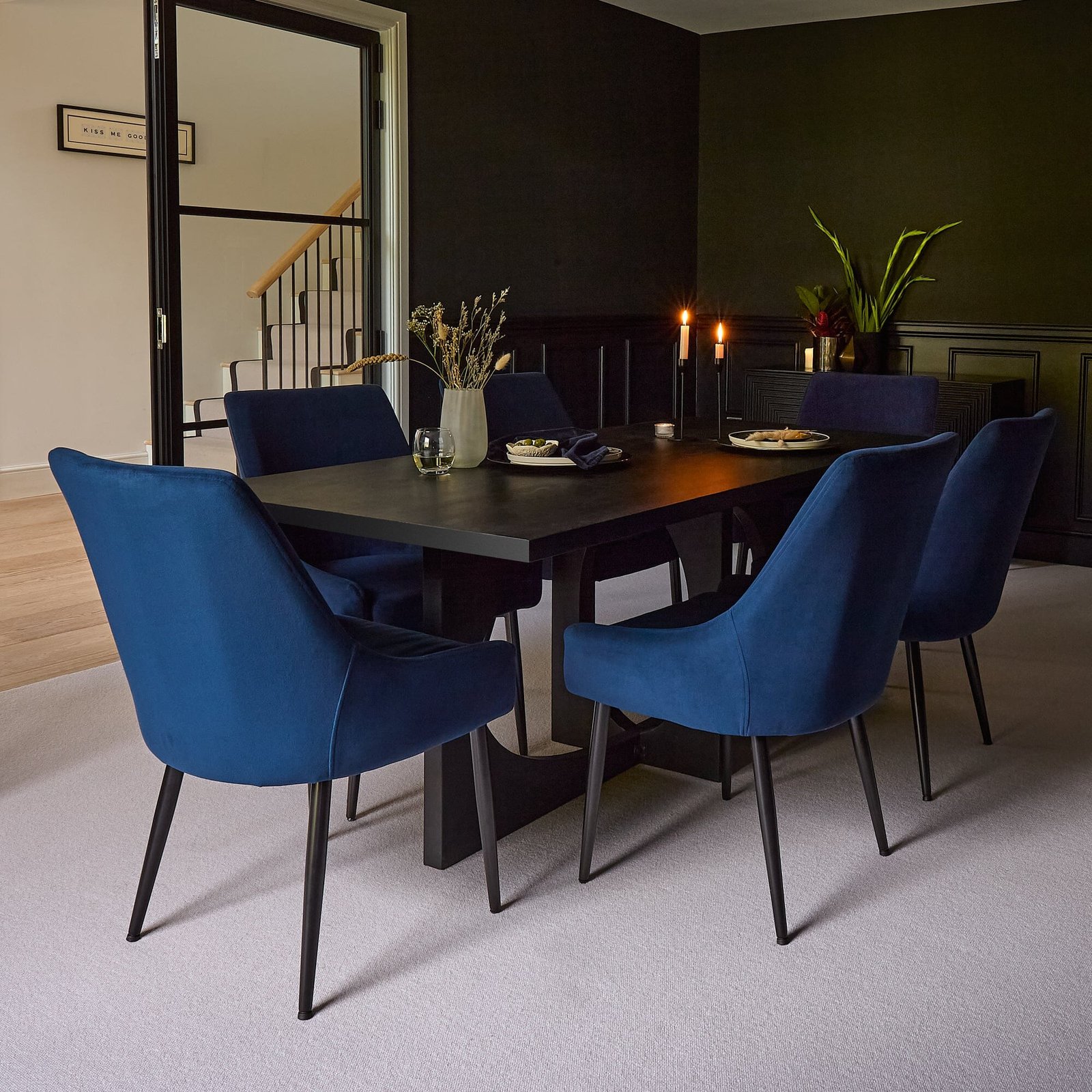 Jade Jet Black Rectangular Acacia Dining Table Set - 6 Seater - Maeve Ink Dining Chairs with Black Legs