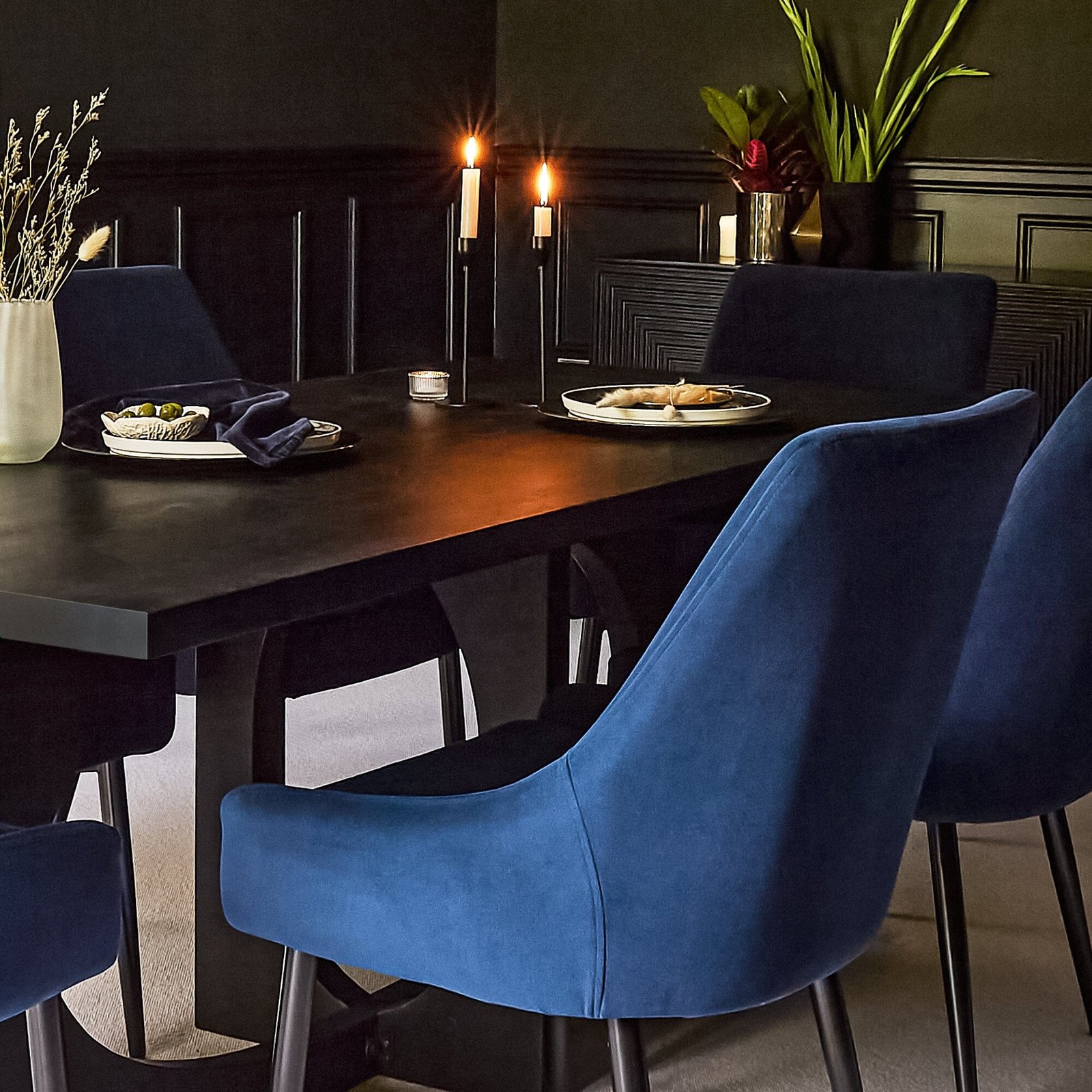 Jade Jet Black Rectangular Acacia Dining Table Set - 6 Seater - Maeve Ink Dining Chairs with Black Legs - Image 6