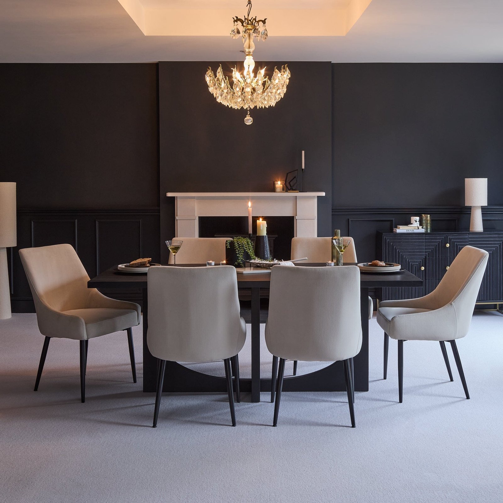 Jade Jet Black Rectangular Acacia Dining Table Set - 6 Seater - Maeve Soft Beige Dining Chairs with Black Legs - Image 5