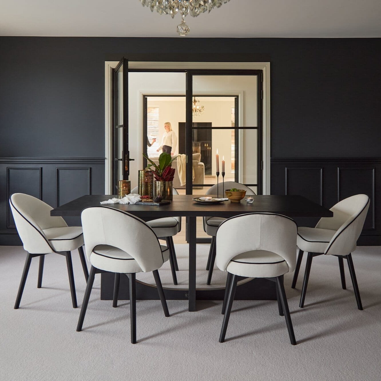 Jade Jet Black Rectangular Acacia Dining Table Set - 6 Seater - Marilyn Ivory with Black Piping Dining Chairs with Black Legs