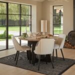 Jade Mango Wood Round Dining Table Set - 4 Seater - Freya Boucle Dining Chairs with Black Legs