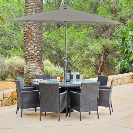 Kemble 8 Seater Rattan Round Garden Dining Set with Grey Parasol - Black Weave