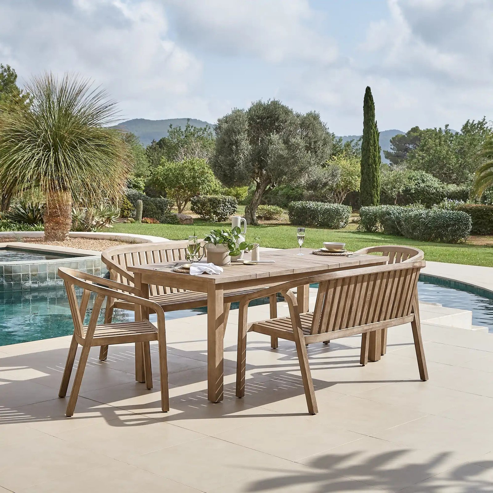 Kuro 6 Seater Wooden Garden Dining Set with 2 Shiro Chairs & 2 Benches - Image 1
