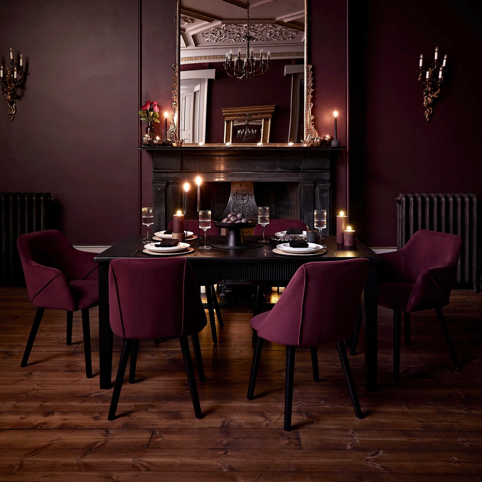 LJ_001_6ff5a0e3-7444-4f54-bbaa-14588c5038d0 Raleigh Black Dining Table Set - 6 Seater - 4 Freya Burgundy Red Dining Chairs & 2 Freya Burgundy Red Armchairs - Black Oak Legs - Image 1