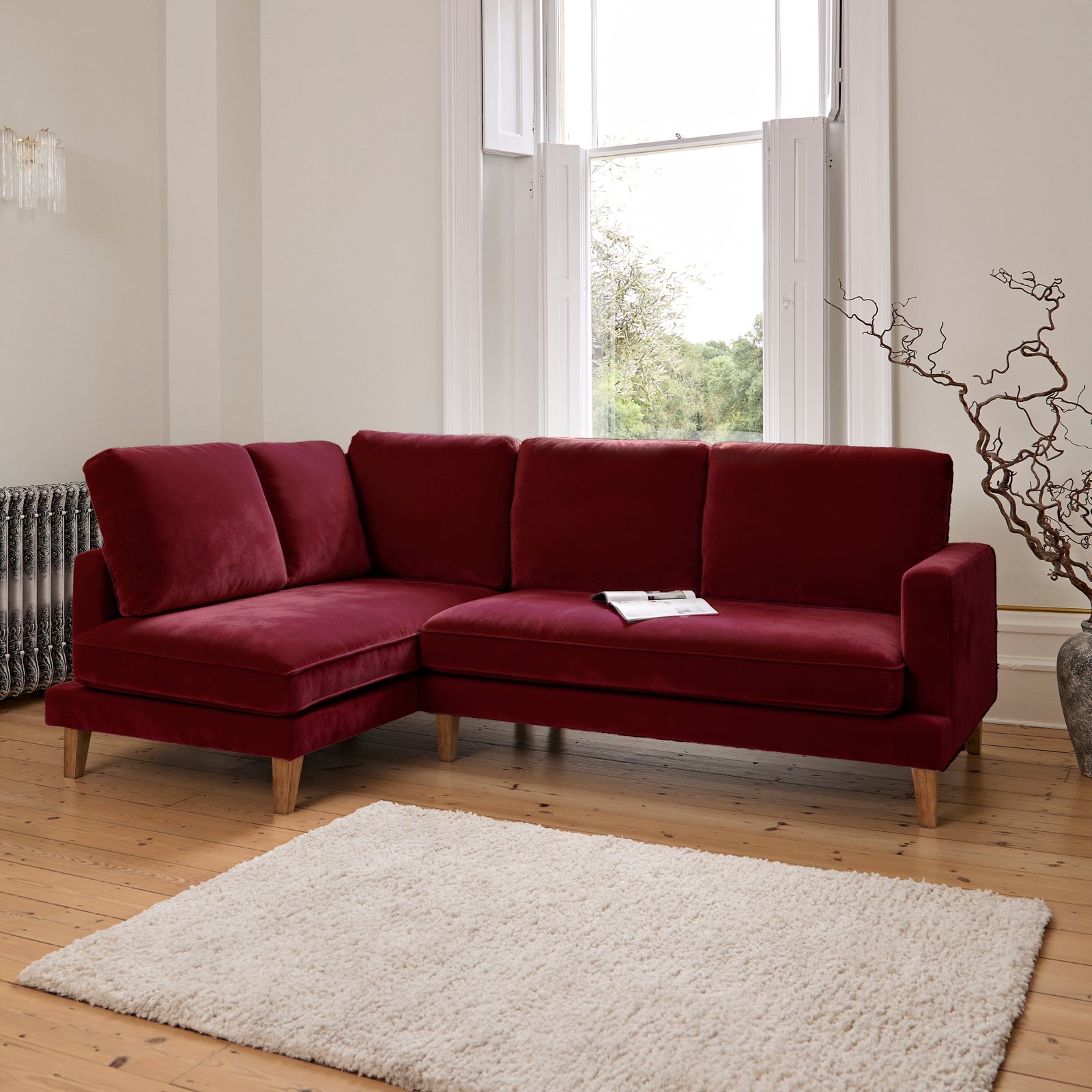 LJ_068copy1_9c37cbee-f628-4bf3-be33-84ecfa94516d Gillian 3 Seater Large Corner Sofa - Burgundy Red Velvet with Dark Oak Legs - Image 1