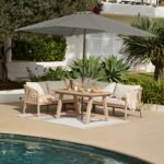 Shiro Wooden Garden Corner Dining Sofa Set with Grey LED Premium Parasol