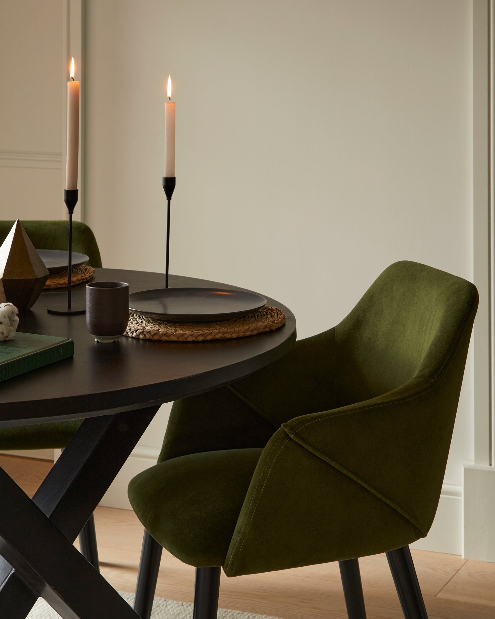 Levi Black Round Dining Table Set - 4 Seater - Freya Fern Green Armchairs with Black Legs - Image 6