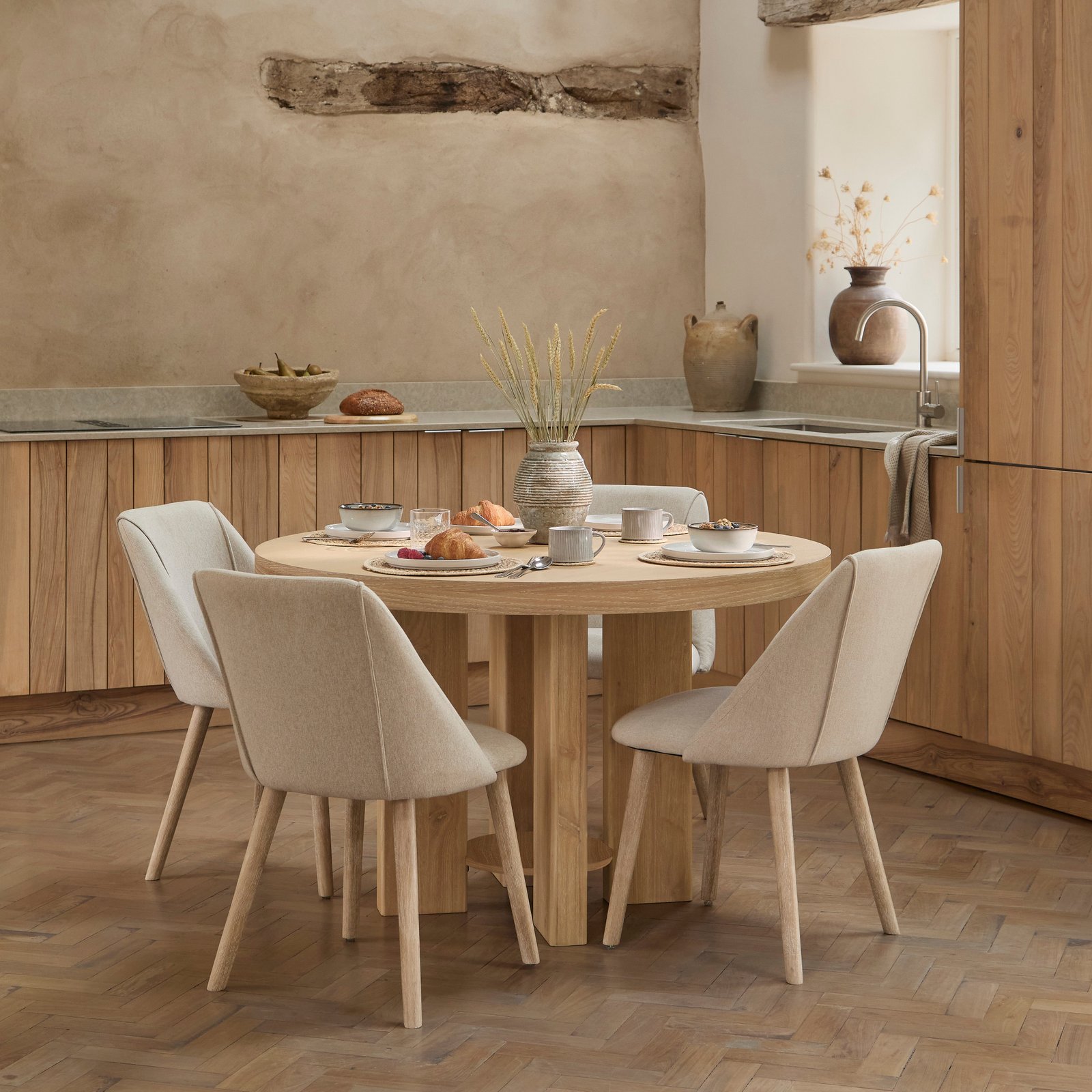 Marlon_120cm_Round_Dining_Table_with_Freya_Sand_Dining_Chairs_Whitewash_Oak-11_1 Marlon Whitewash Oak Round Dining Table Set - 4 Seater - Freya Sand Dining Chairs - Whitewash Oak Legs - Image 1