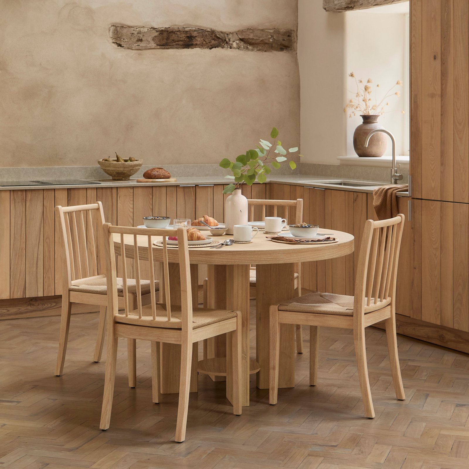 Marlon Whitewash Oak Round Dining Table Set - 4 Seater - Tilly Natural String Dining Chairs - Whitewash Oak Legs - Image 1