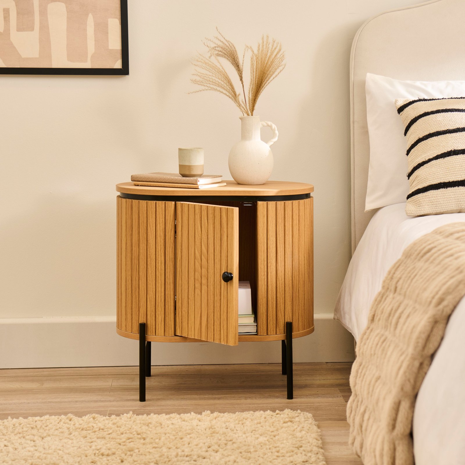 Matius Seasoned Oak 1 Left Door Bedside Table - Black Legs - Image 2