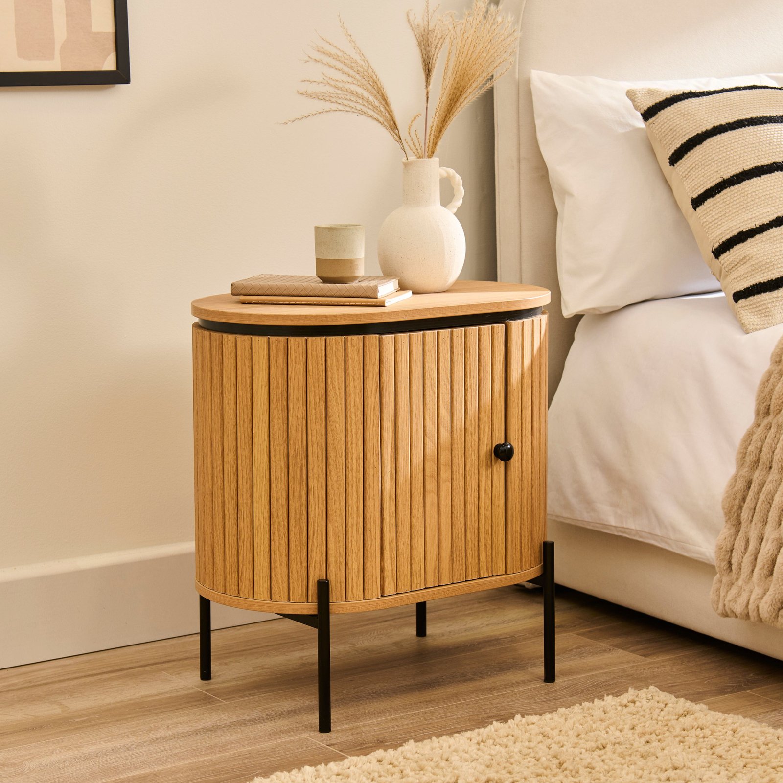 Matius Seasoned Oak 1 Left Door Bedside Table - Black Legs - Image 3