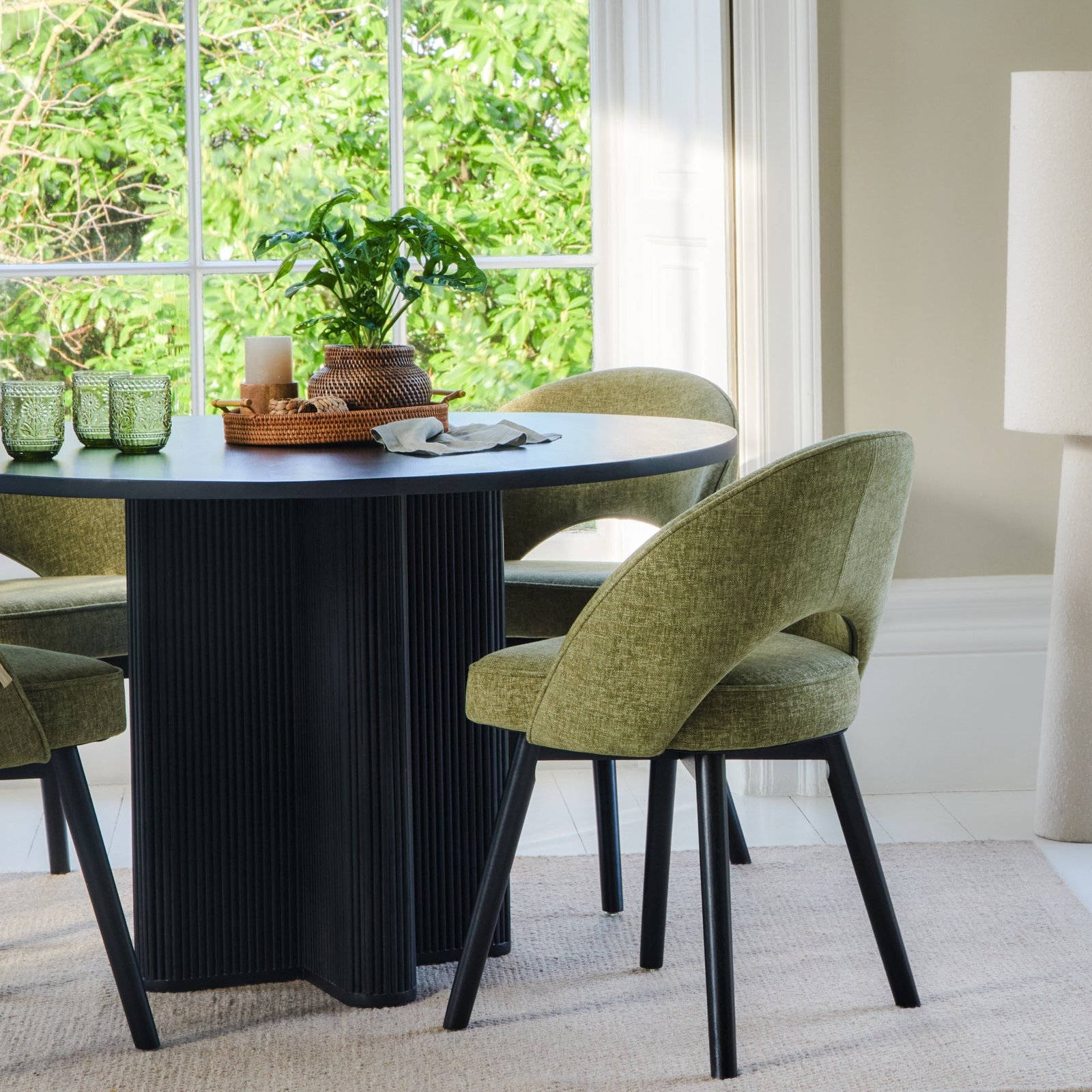 Orla Black Mango Wood Round Dining Table Set - 4 Seater - Marilyn Green Dining Chairs - Black Legs - Image 2
