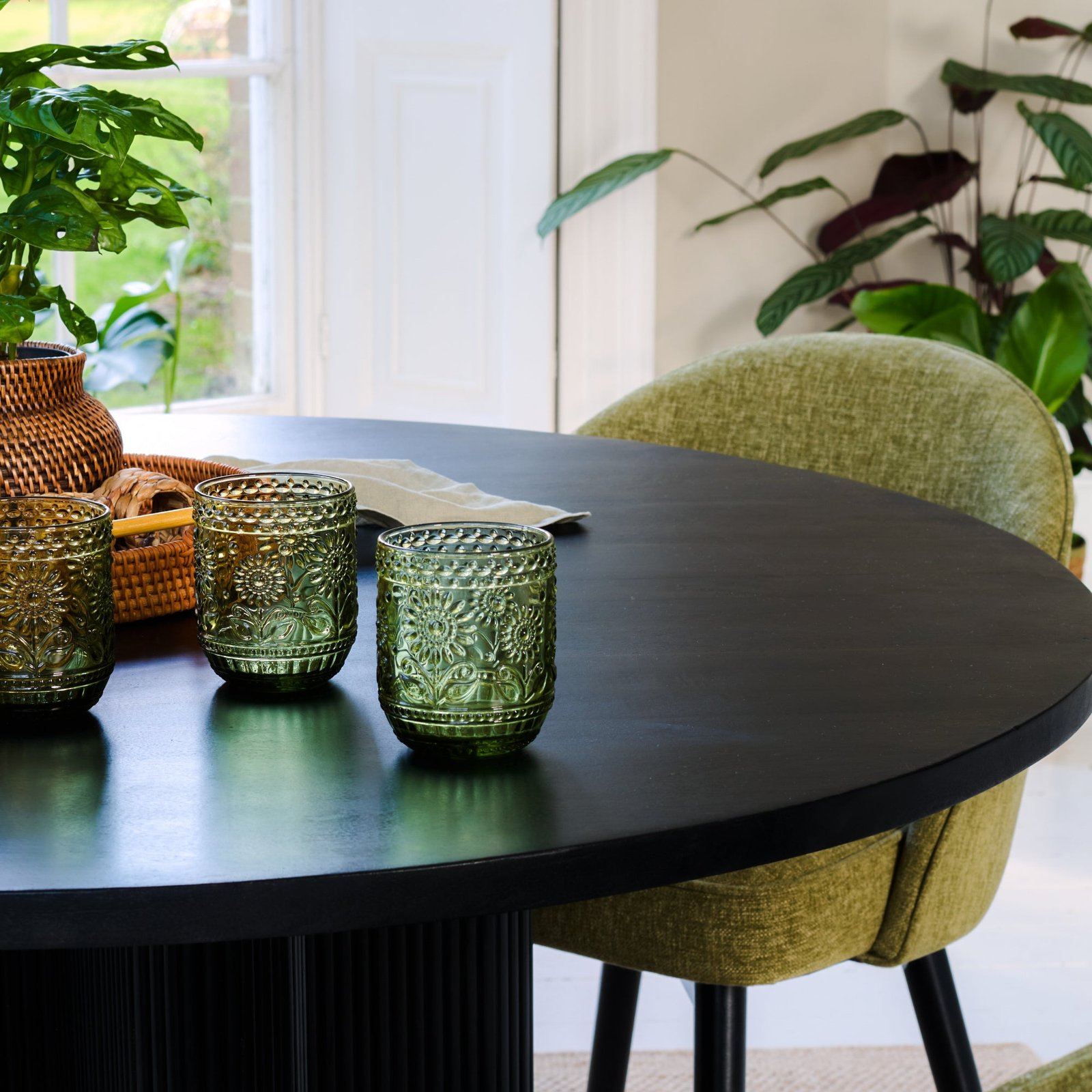 Orla Black Mango Wood Round Dining Table Set - 4 Seater - Marilyn Green Dining Chairs - Black Legs - Image 3