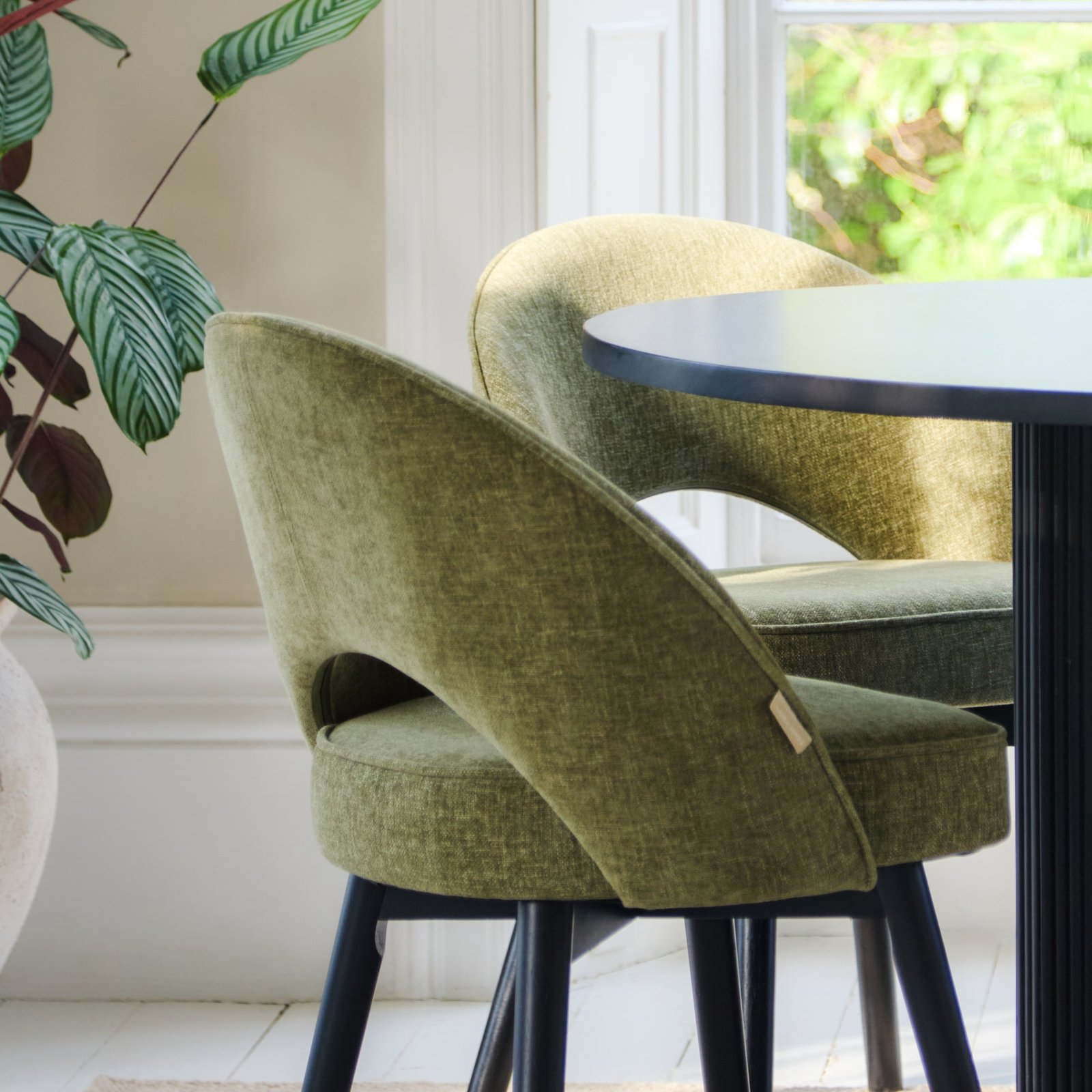Orla Black Mango Wood Round Dining Table Set - 4 Seater - Marilyn Green Dining Chairs - Black Legs - Image 4