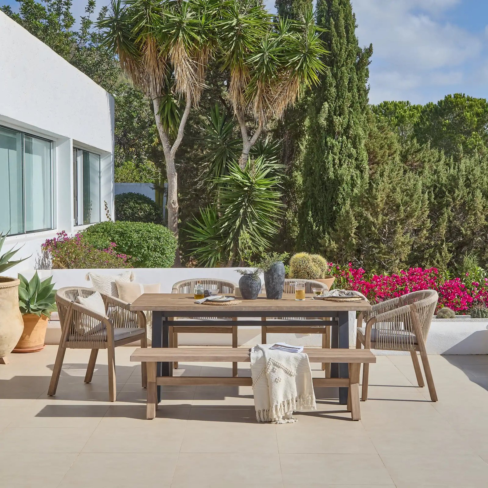 Palm 6 Seater Wooden Garden Dining Set with 4 Nala Sand Cushioned Chairs & Charlotte Bench - Image 2