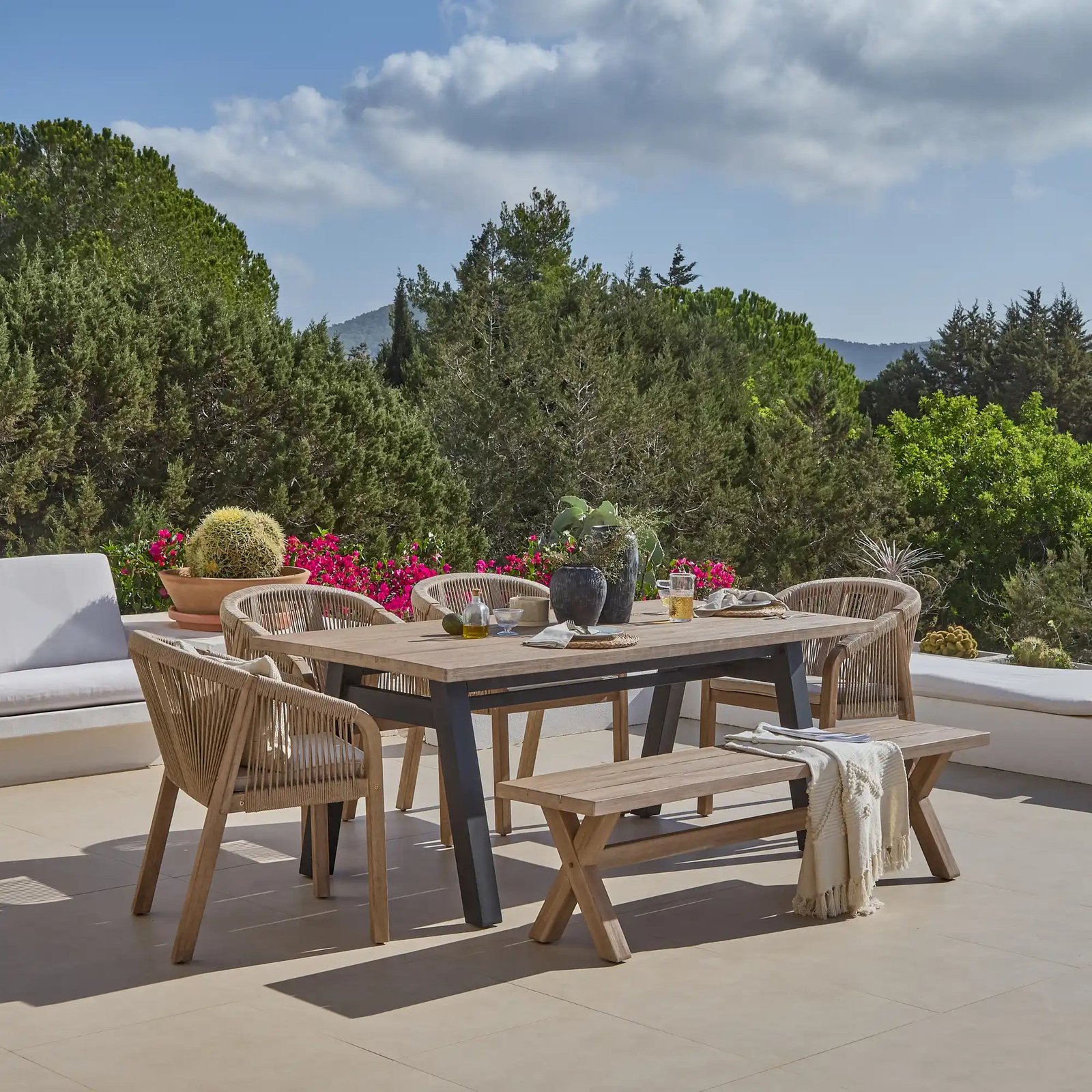 Palm 6 Seater Wooden Garden Dining Set with 4 Nala Sand Cushioned Chairs & Charlotte Bench - Image 1
