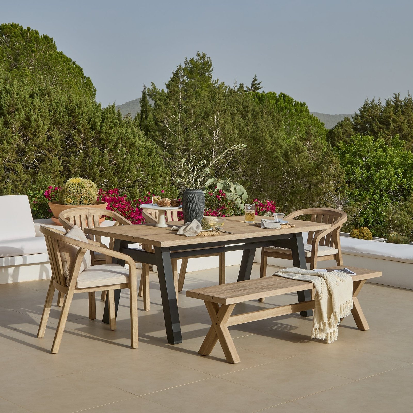 PALM_180CM_DINING_TABLE_6_SHIRO_CHAIRS_ARBOR_BENCH_1 Palm 6 Seater Wooden Garden Dining Set with 4 Shiro Cushioned Chairs & Charlotte Bench - Image 1