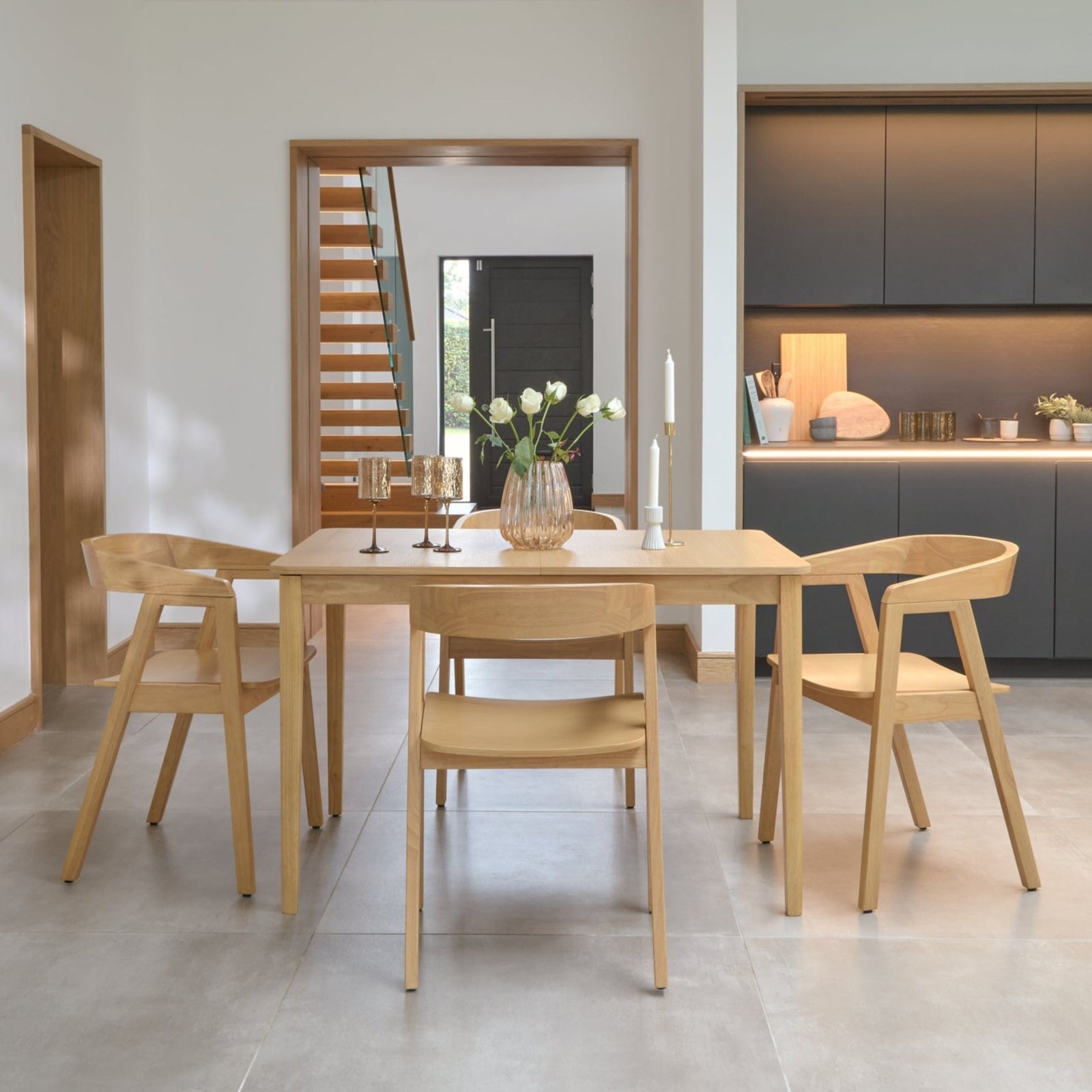 Paul Pale Oak Extending Dining Table Set - 4 Seater - Ella Pale Oak Carver Chairs - Image 2