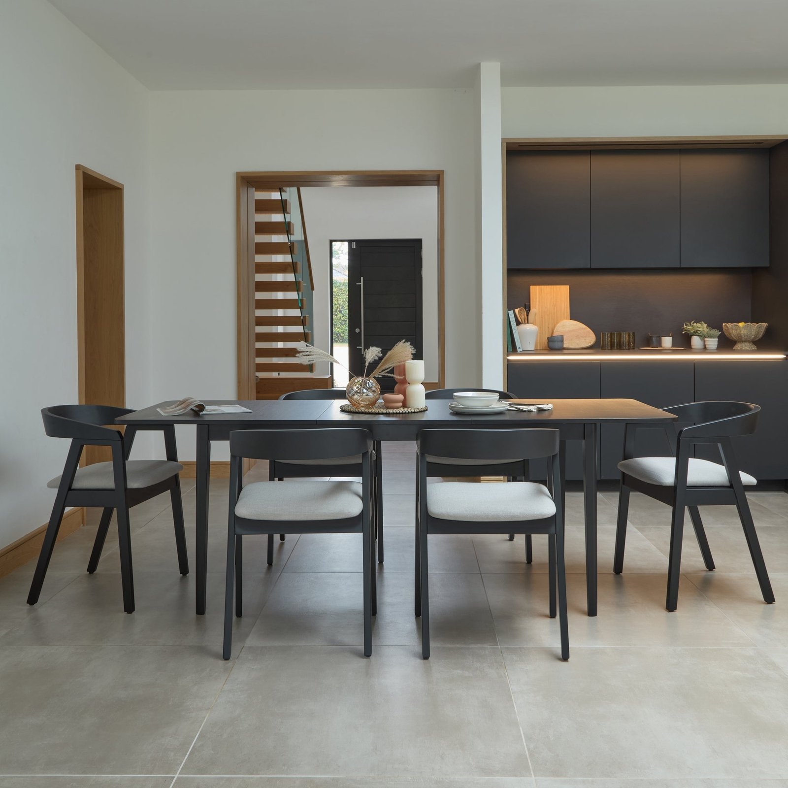 Paul Black Oak Extending Dining Table Set - 6 Seater -  Ella Fawn Linen Carver Chairs - Black Oak Legs - Image 10