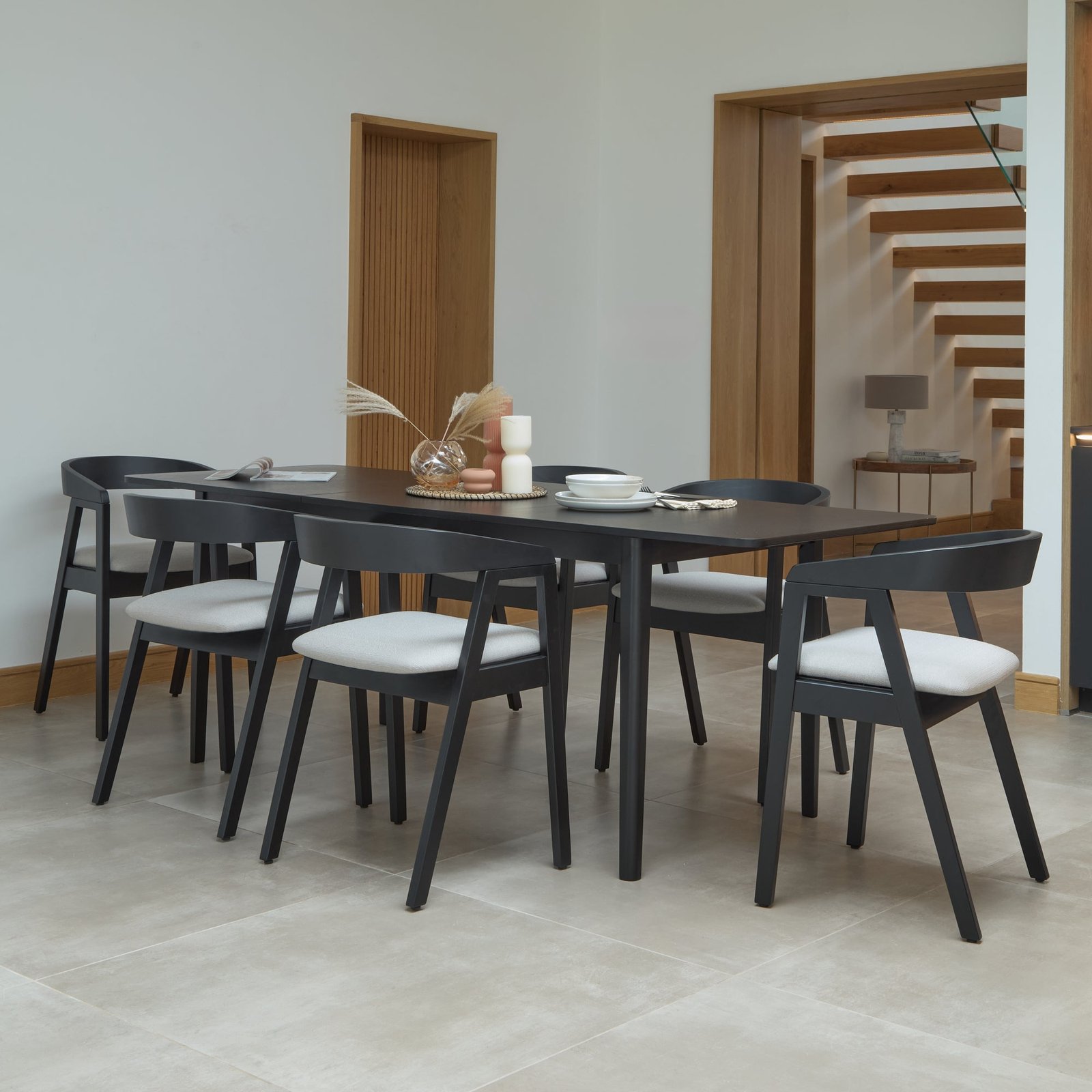 Paul Black Oak Extending Dining Table Set - 6 Seater -  Ella Fawn Linen Carver Chairs - Black Oak Legs - Image 1